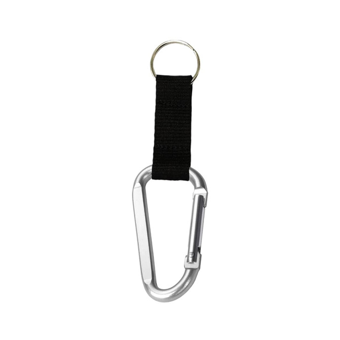 A silver carabiner keychain with a black fabric strap and a metal ring attached.