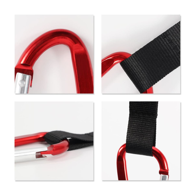 A red carabiner keychain with a black strap, featuring multiple angles of the product. It has a logo displayed.