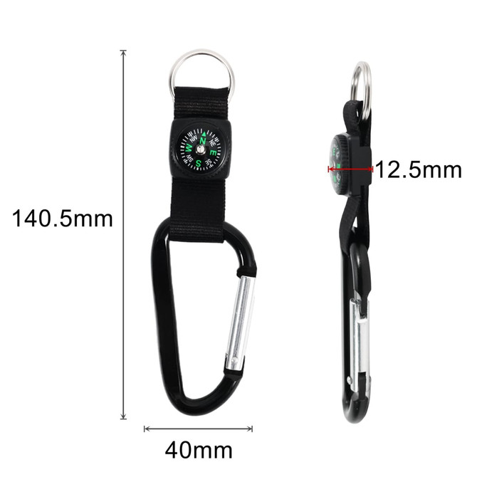 A black carabiner keychain with a compass, featuring a fabric holder and metal ring. Dimensions are noted in millimetres.