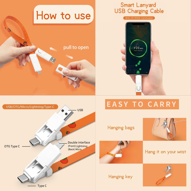 A 6-in-1 charging cable strap in orange, featuring multiple connector types and a logo, designed for easy carrying.