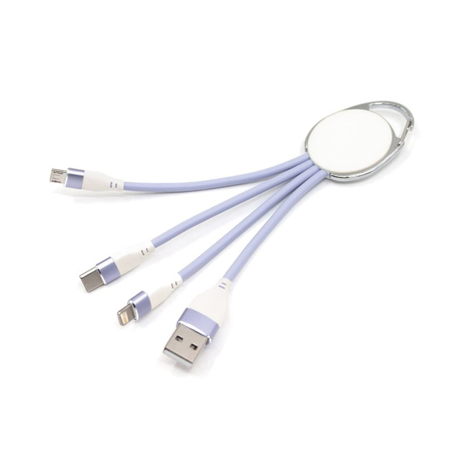 A charging cable with a keyring, featuring three connectors: USB, Micro USB, and Lightning, in purple and white.