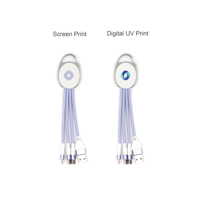A 3-in-1 charging cable in lavender with a keyring attachment, featuring two different printed designs.