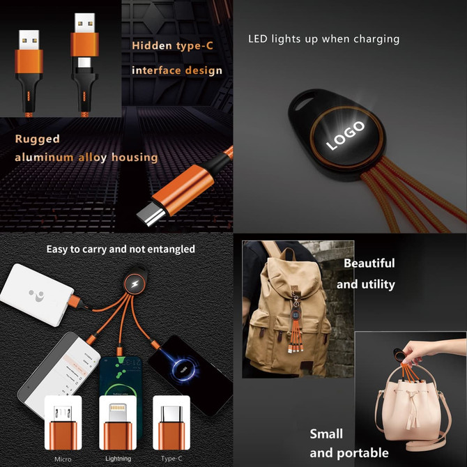 A 6-in-1 light up charging cable in orange and black with a rugged design and LED indicator for charging.