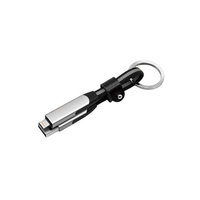 A braided charging cable with keyring, featuring silver and black colours. Includes multiple connectors for devices.