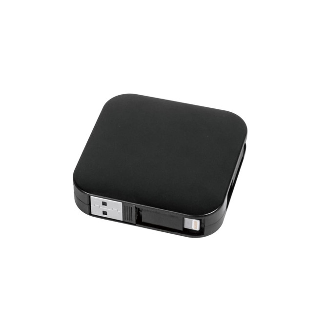 A black 60W 4-in-1 retractable charging cable with a built-in phone stand and a logo on its side.