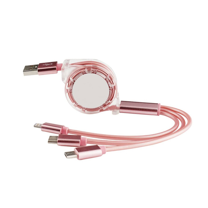 A pink retractable charging cable with USB, Lightning, and Micro USB connectors, featuring a clear casing and a logo.