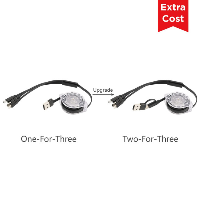 A retractable charging cable in black with multiple connectors and a clear casing, featuring a logo.