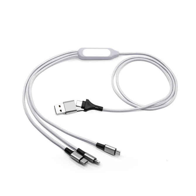 A 6-in-1 night light charging cable in white, featuring multiple connectors and a USB end, with a logo present.