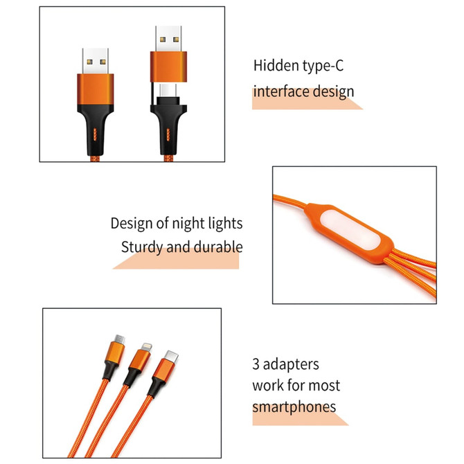 A 6-in-1 night light charging cable in orange with hidden type-C interface and three smartphone adapters.