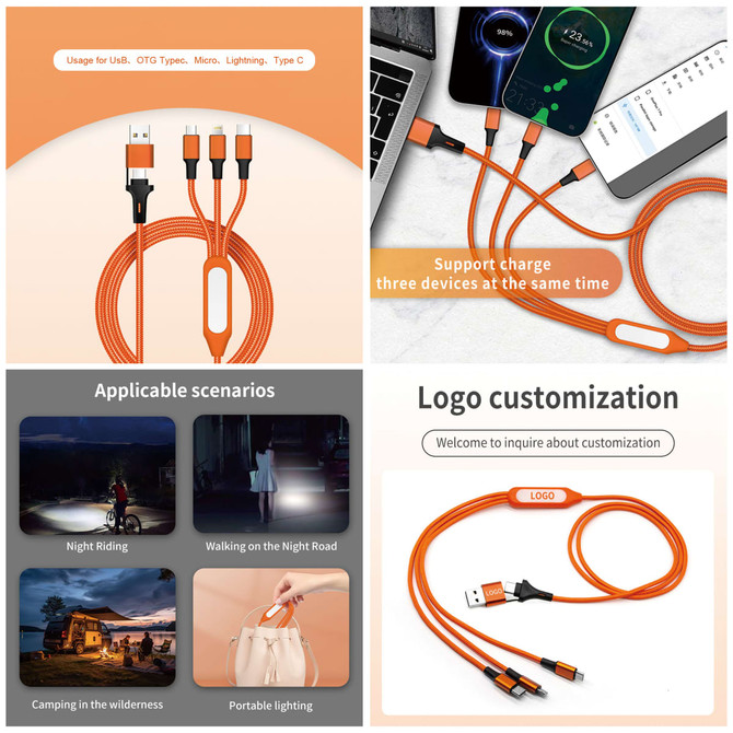 A vibrant orange 6-in-1 charging cable with multiple connectors, featuring a logo and various application scenarios displayed.