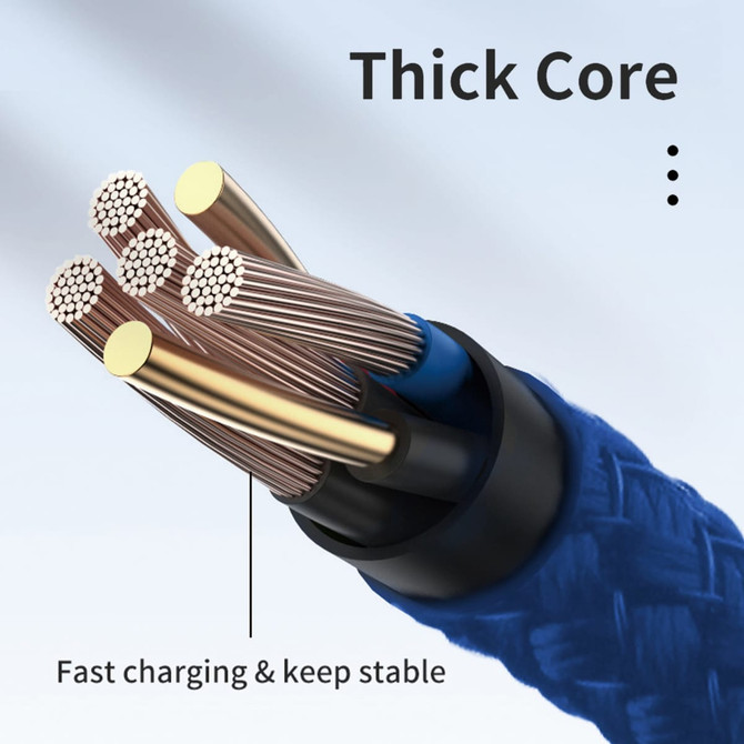 A close-up of a thick braided charging cable, featuring multiple wires for fast and stable charging. It has a blue and black design.