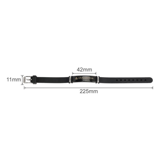 An engraved black bracelet with dimensions of 225mm length, 42mm width, and 11mm depth. It features a logo.