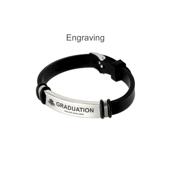 An engraved bracelet featuring a silver plate on a black band, designed for graduation commemorations.
