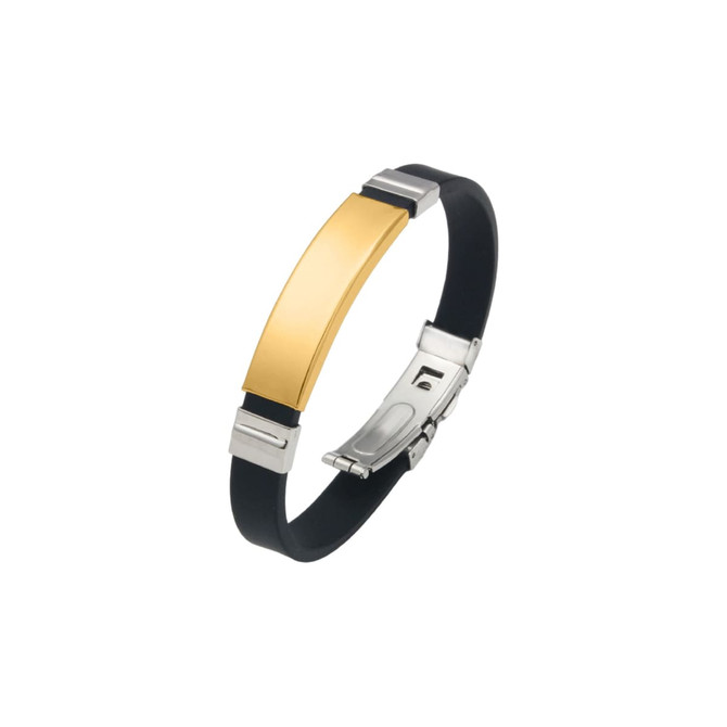 A gold and silver folding lock clasp bangle with a black band, featuring a sleek metallic design and a logo.