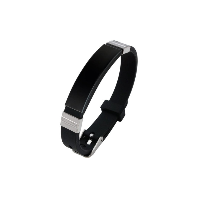 A black metal bracelet with silver accents and a sleek, modern design. Features a clasp for secure wearing.