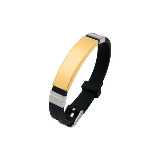 A metal bracelet with a shiny gold centrepiece and a black silicone band, featuring silver accents.