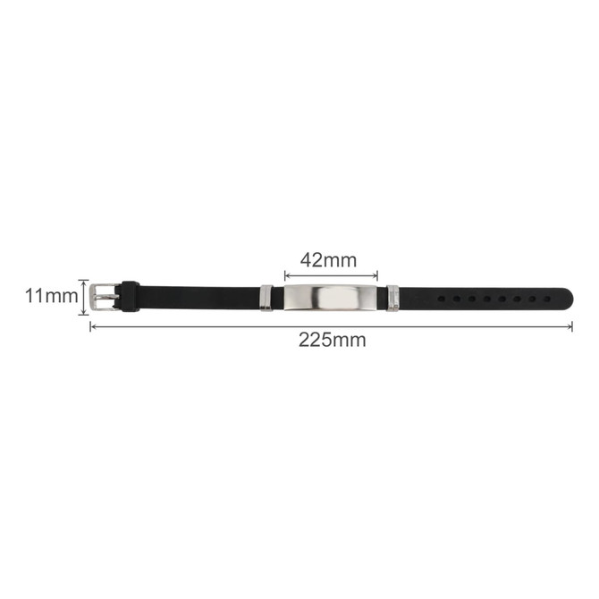 A black Metal Silica Bracelet with a silver clasp, measuring 225mm in length and 11mm in width.