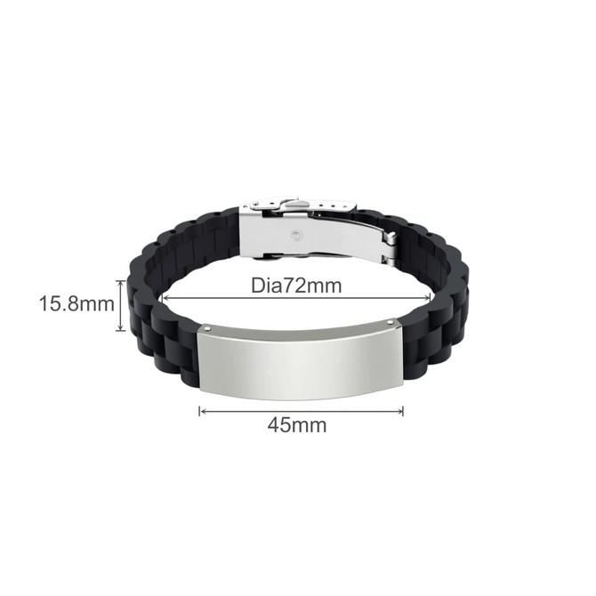 A black silicone bracelet with a silver metal clasp and adjustable size features. Dimensions and design details are included.