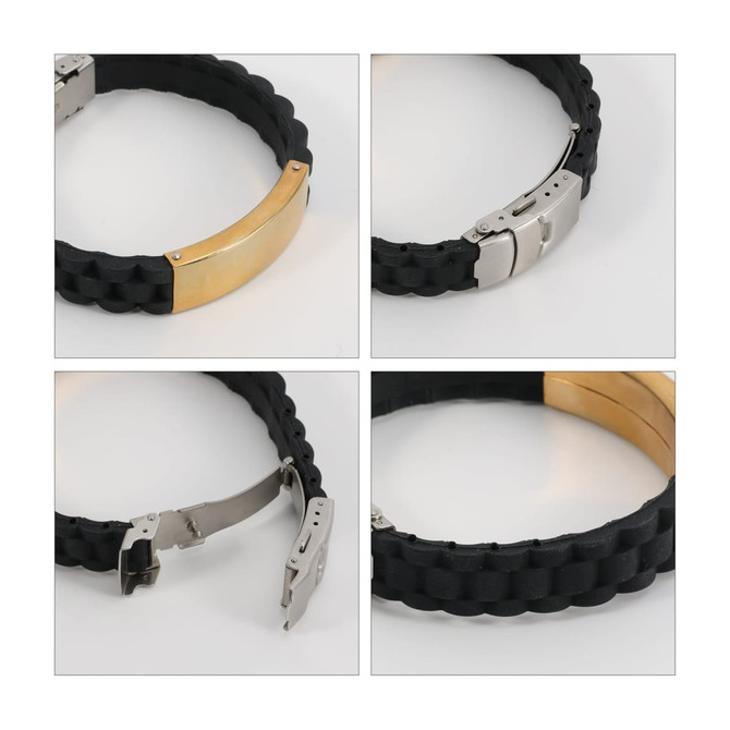 A black silicone bracelet with a metal clasp in gold and silver finishes, featuring a woven design.