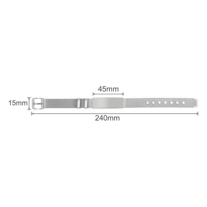 A metal bracelet in silver, featuring adjustable sizing with a clasp and multiple holes for fit adjustments.