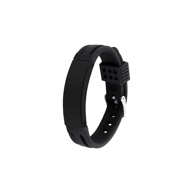A sleek black metal strap bracelet with a smooth, rectangular face and adjustable rubber strap.