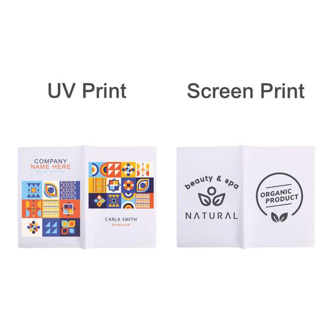 A soft PVC folder with a multi-coloured design inside, featuring two printing styles and a logo on each side.
