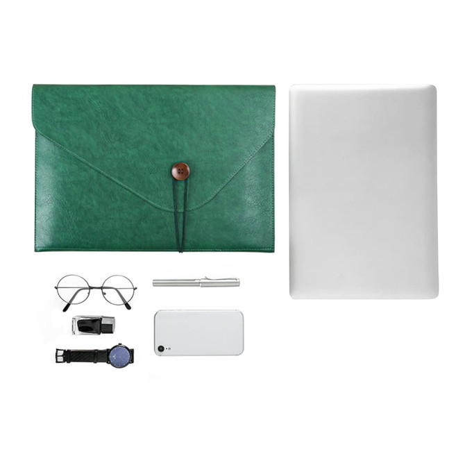 A green PU leather folder with a button closure, accompanied by glasses, a watch, a pen, and a phone.