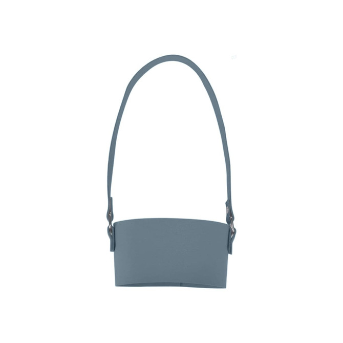 A drink bottle holder in a soft blue colour, featuring a strap and a simple design with a logo.