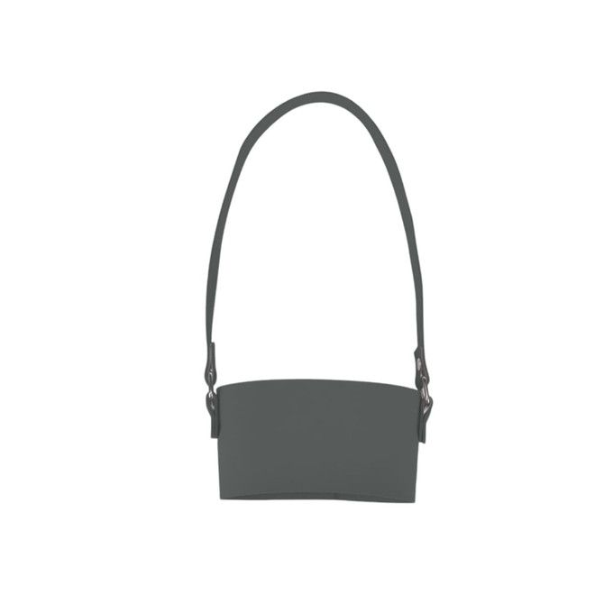 A drink bottle holder in dark grey leather with a shoulder strap and a simple design. Features a logo.