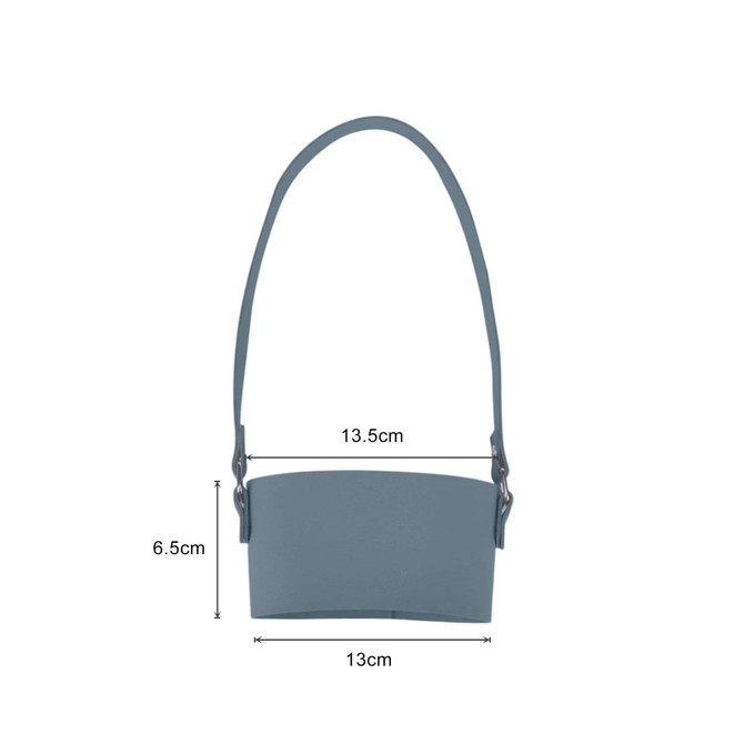 A drink bottle holder in a blue hue, featuring a shoulder strap and dimensions of 13.5cm x 6.5cm.