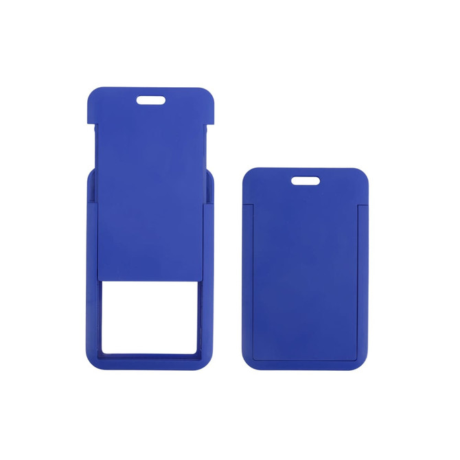 A blue ABS single side ID card holder with a sleek design and a slot for easy access to cards.