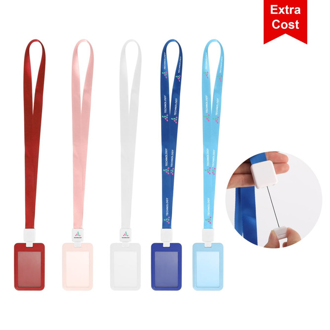 A collection of ABS single side ID card holders in red, pink, white, and two shades of blue, each with a lanyard.