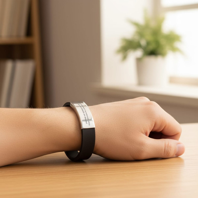 An engraved stainless steel buckle latch bracelet featuring a black band, worn on a person's wrist.