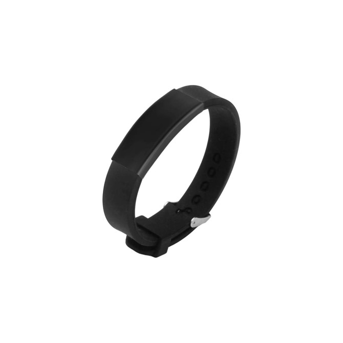 A black engraved stainless steel bracelet with a smooth surface and a secure clasp, featuring a logo.
