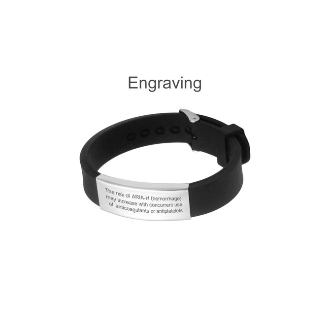 A black stainless steel bracelet featuring an engraved silver plate and a clasp closure.