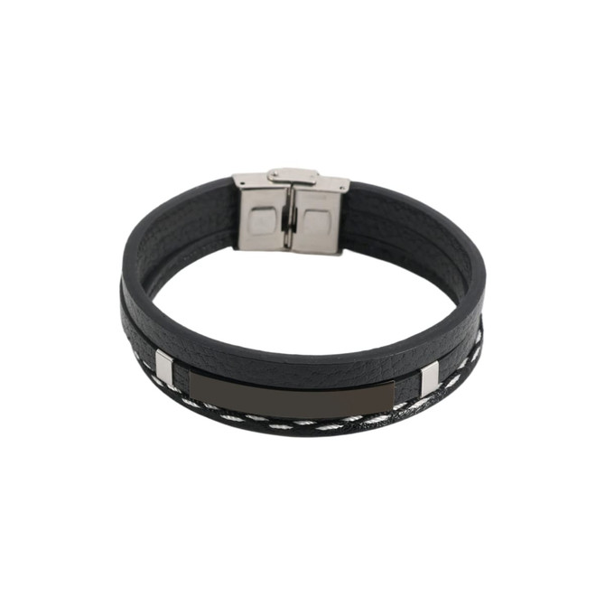 A multi-layer braided leather bracelet in black, featuring silver-tone accents and a sleek clasp.