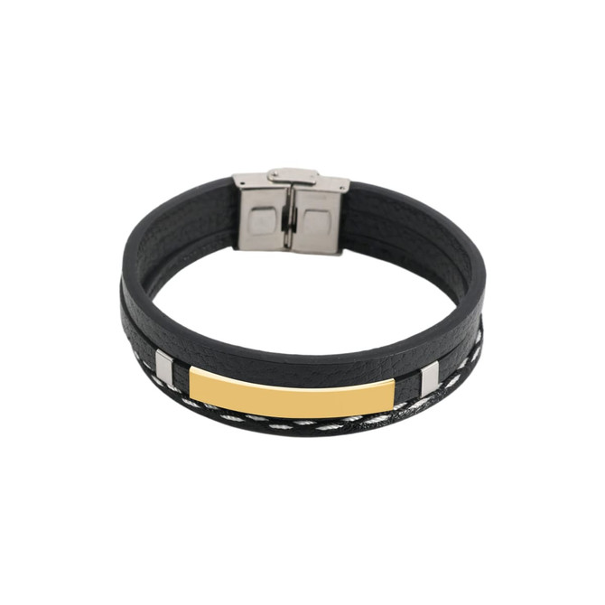 A multi-layer braided leather bracelet in black with a gold accent and silver detailing, featuring a metallic clasp.