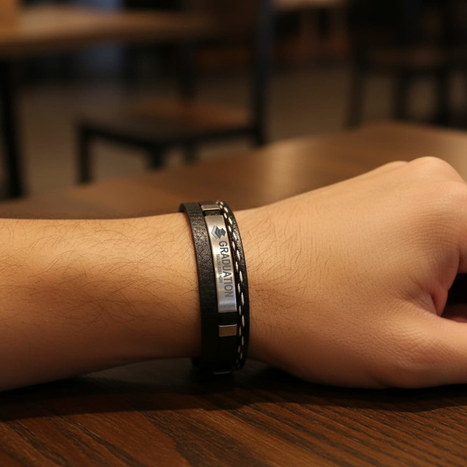 A braided leather bracelet in black and silver on a wrist, featuring a logo and metallic detail.