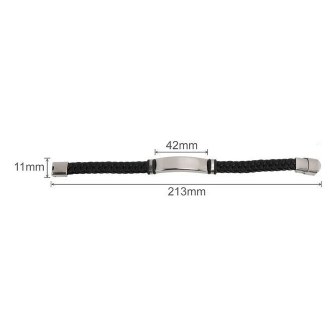 A leather twine bracelet in black featuring a metal clasp and a smooth metal centrepiece. Measurements included.