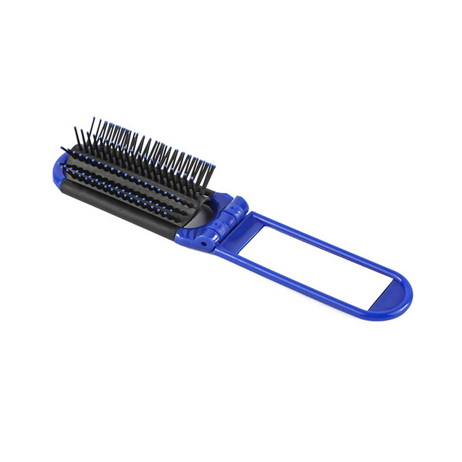 A folding hair brush with a mirror in blue and black, featuring a compact design for easy storage.