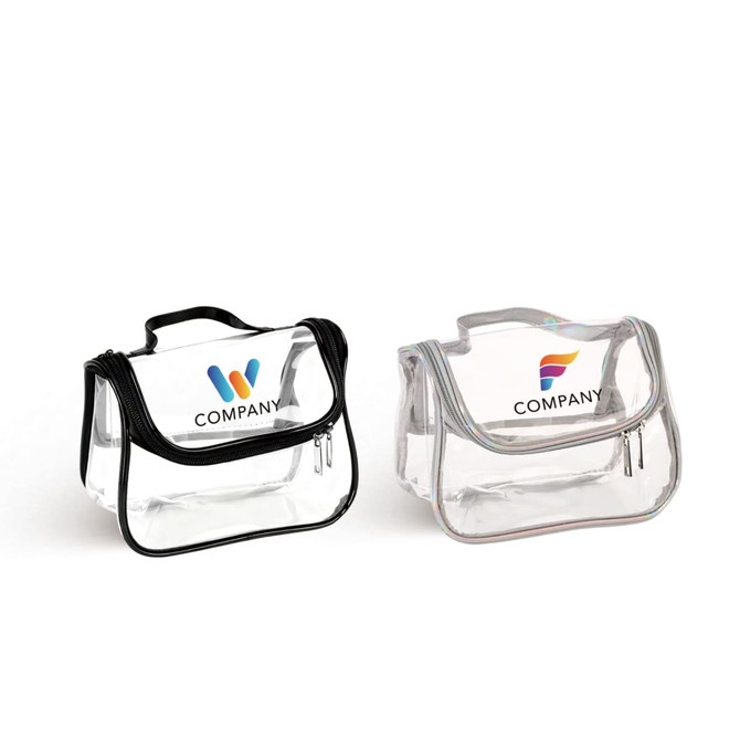 Two transparent cosmetic bags displayed in black and clear, featuring different logos on the front.