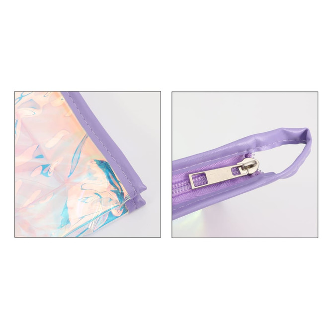 A purple travel cosmetic bag with an iridescent panel and a zip closure, featuring a small loop for carrying.