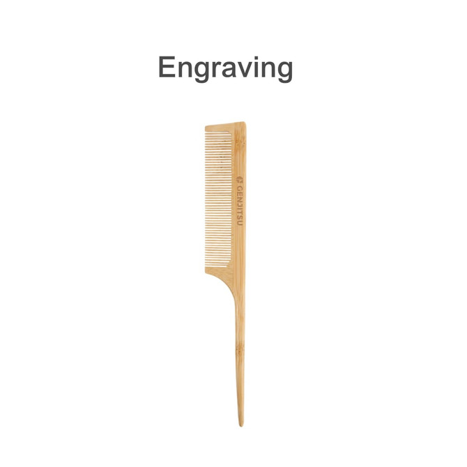 A bamboo rat tail comb with a pointed end and fine teeth, featuring an engraved logo.