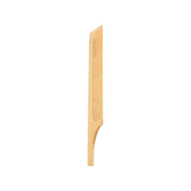 A bamboo rat tail comb in a light natural wood colour with fine teeth and a tapered end. It has a simple design.