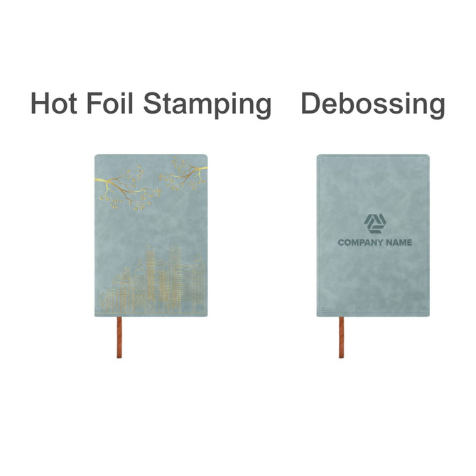 A light blue soft PU leather notebook with decorative designs and a logo, featuring hot foil stamping and debossing details.