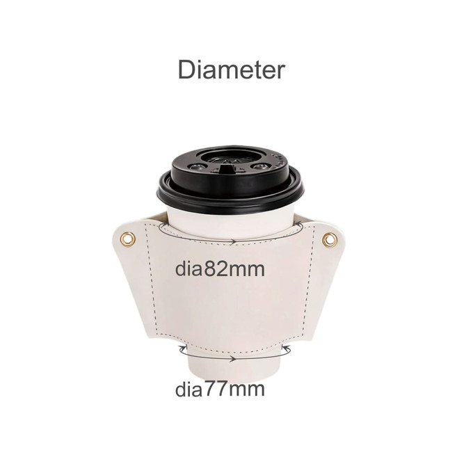 A drink bottle holder in light cream leather, featuring an acrylic strap and a logo, designed for various bottle diameters.