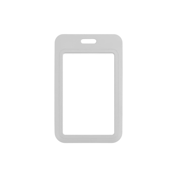 A white ABS double-sided ID card holder with a central cut-out and a top slot for attachment.