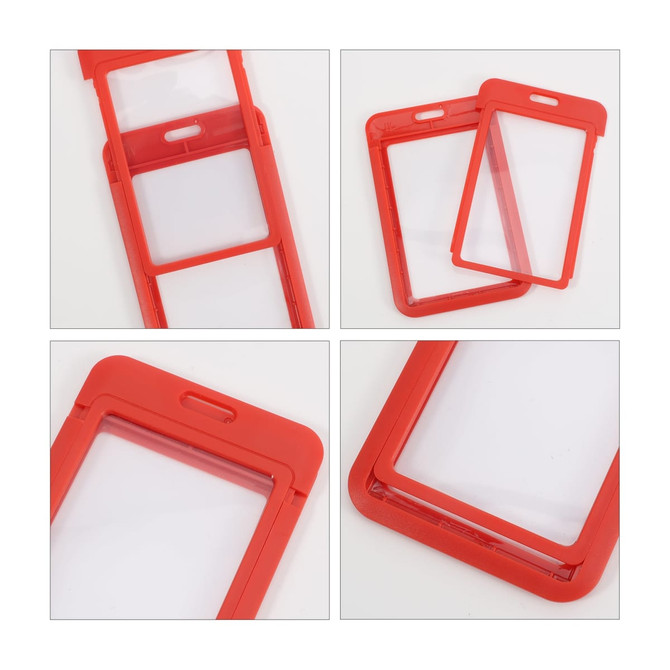 A red ABS double-sided ID card holder with clear plastic inserts, featuring a simple design.