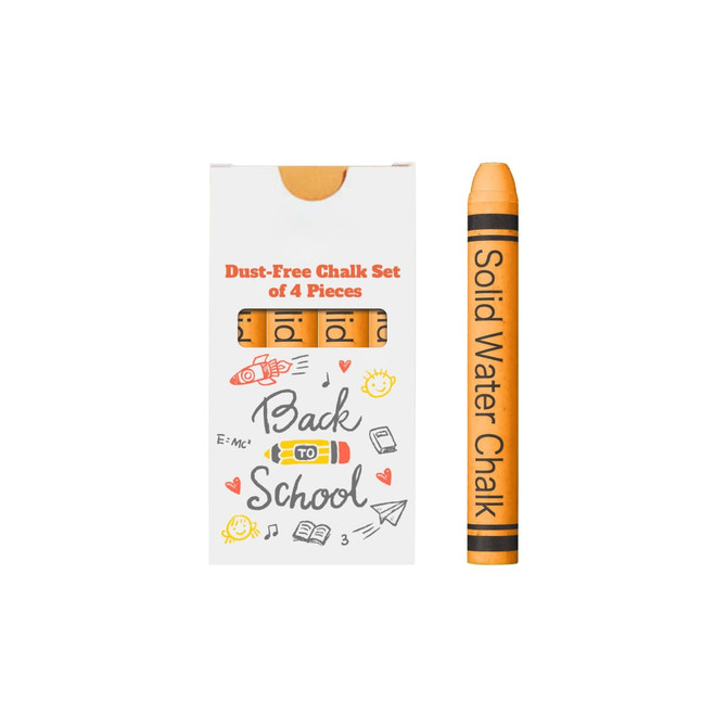 A box containing four orange dust-free chalk sticks, with a single stick displayed beside it. The box features a logo.