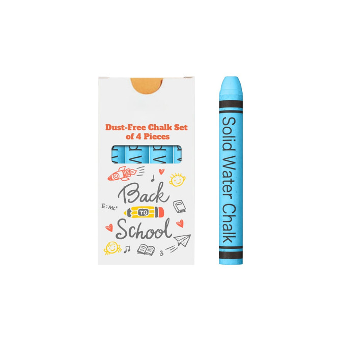 A set of four blue dust-free chalk sticks in a white box, featuring a logo and colourful drawings.